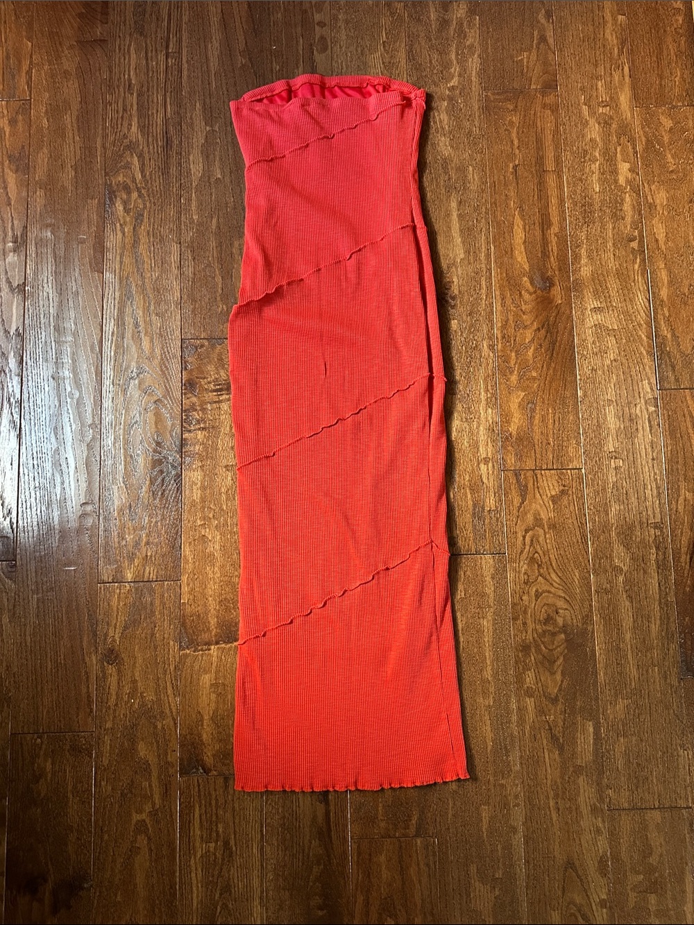 Strapless Red Maxi Tube Dress with Diagonal Seam Detail